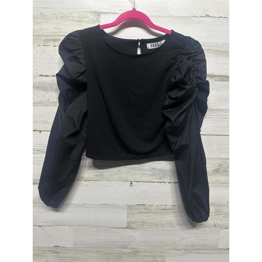 Gaudie Puff Sleeve‎ Top Women Size S Black Ruched Crop Keyhole NWT